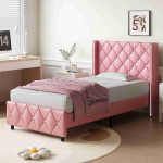 HOMBCK King Bed Frame with Headboard, Upholstered Platform Bed with Wingback Design, Modern Diamond Bed Frame with Tufted Deep Button, No Box Spring Needed, Easy Assembly, Pink