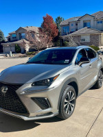 2018 Lexus NX 300 FWD in silver parked in front of a modern house with trees, showcasing its sleek design and alloy wheels.