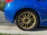 Close-up of 2013 Subaru Impreza WRX Hatchback's gold alloy wheel and rear tire