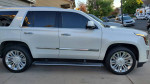 Side view of a white 2017 Cadillac Escalade Platinum RWD parked in a residential area.