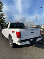 Rear view of a 2018 Ford F150 Lariat FX4 in white, showcasing the truck's features and design.