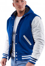 Varsity Base Letterman Hoodie Jacket Bright Royal Blue Wool, White Lea